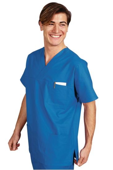 CASACCA COLLO A V AZZURRO UNISEX OEKO-TEX&reg; STANDARD 100 CERTIF N. 25CX00077 CL II CENTROCOT Azzurro Ospedale Isacco